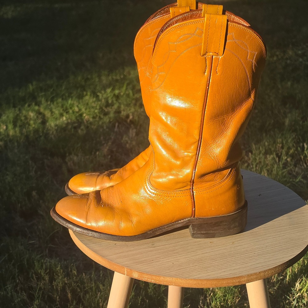 Nocona Orange Leather Cowboy Boots Western Pointed Toe Mid Calf Mens - Picture 4 of 11